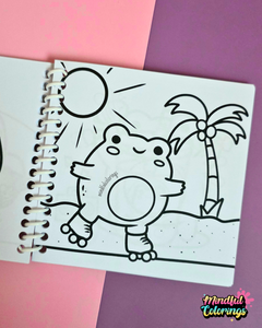 Mini frog-themed colouring book page featuring a cheerful frog roller skating beneath the sun beside a tropical palm tree.