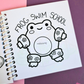 Mini frog-themed colouring book page featuring a happy frog wearing floral arm floaties and leg floaties with the words "Frog Swim School" above.