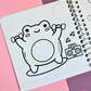 Mini frog-themed colouring book page featuring a happy frog lifting small dumbbells while exercising beside a boombox playing music.