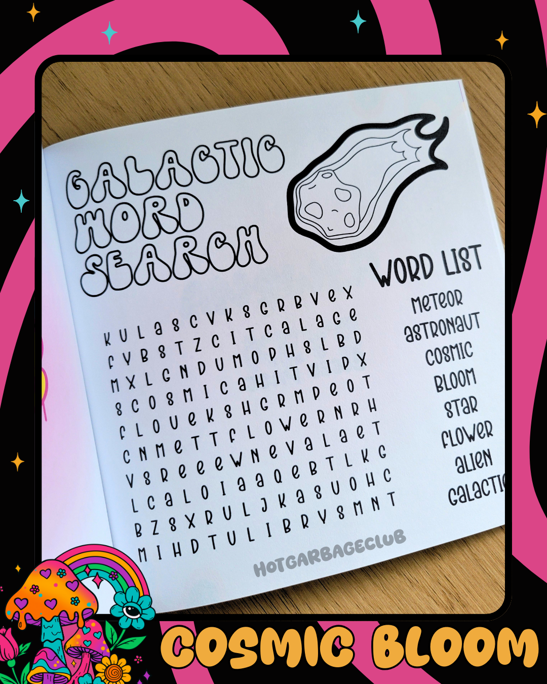 Galactic word search sheet with a meteor illustration 