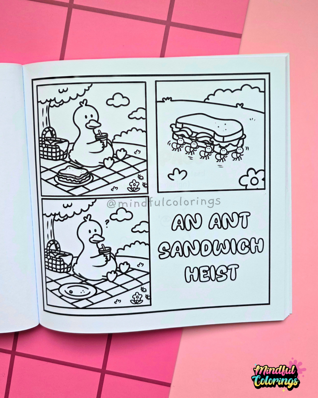 Comic-style page from Tiny Mishaps: A Chaotic Coloring Book featuring a duck enjoying a picnic before a group of ants steals its sandwich. Cute animal coloring book designed for relaxation, mindfulness, and funny coloring adventures.