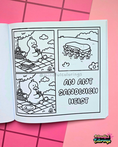 Comic-style page from Tiny Mishaps: A Chaotic Coloring Book featuring a duck enjoying a picnic before a group of ants steals its sandwich. Cute animal coloring book designed for relaxation, mindfulness, and funny coloring adventures.