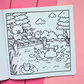 Page from Tiny Mishaps: A Chaotic Coloring Book featuring woodland friends watching a goose splash into a pond while another frog relaxes on a lily pad. Cute animal coloring book designed for stress relief, relaxation, mindfulness, and marker-friendly coloring.