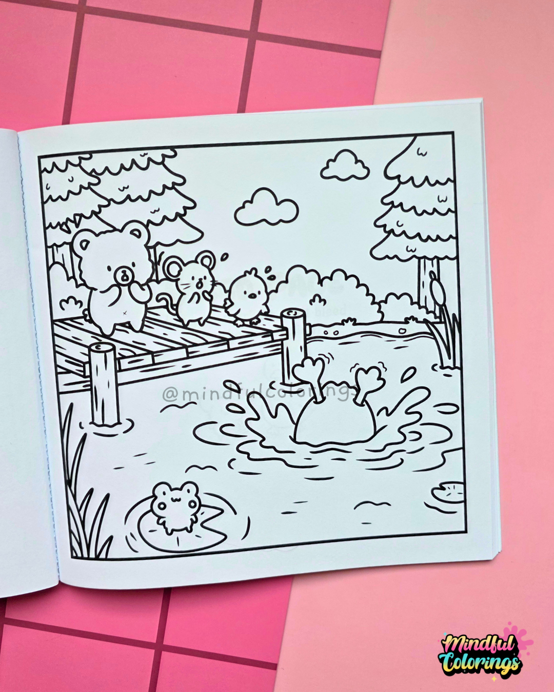 Page from Tiny Mishaps: A Chaotic Coloring Book featuring woodland friends watching a goose splash into a pond while another frog relaxes on a lily pad. Cute animal coloring book designed for stress relief, relaxation, mindfulness, and marker-friendly coloring.