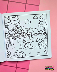 Page from Tiny Mishaps: A Chaotic Coloring Book featuring woodland friends watching a goose splash into a pond while another frog relaxes on a lily pad. Cute animal coloring book designed for stress relief, relaxation, mindfulness, and marker-friendly coloring.