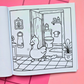 Page from Tiny Mishaps: A Chaotic Coloring Book featuring a goose walking through a bathroom with toilet paper stuck to its foot after a funny mishap. Cute animal coloring book designed for stress relief, relaxation, mindfulness, and marker-friendly coloring.