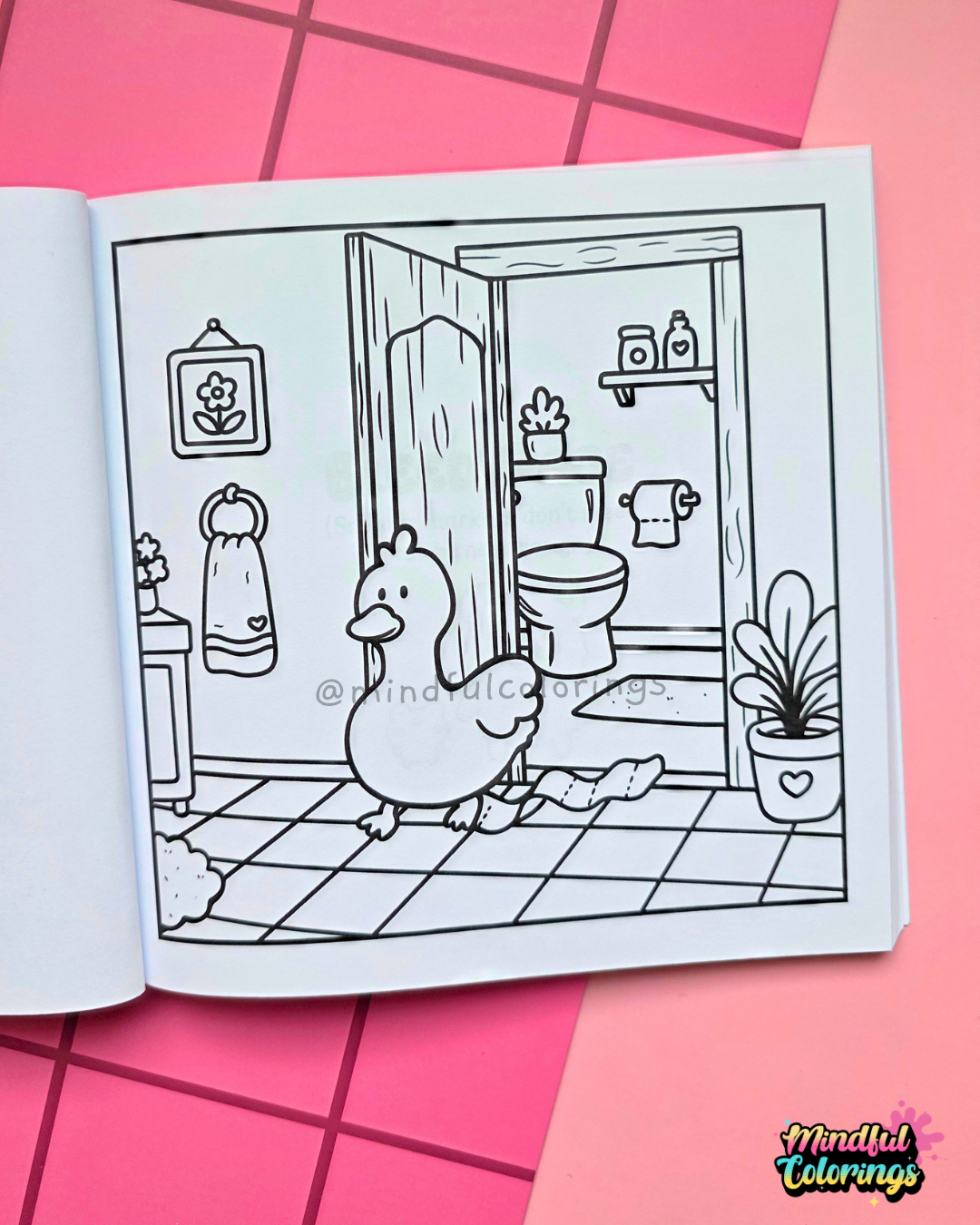 Page from Tiny Mishaps: A Chaotic Coloring Book featuring a goose walking through a bathroom with toilet paper stuck to its foot after a funny mishap. Cute animal coloring book designed for stress relief, relaxation, mindfulness, and marker-friendly coloring.