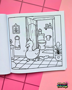 Page from Tiny Mishaps: A Chaotic Coloring Book featuring a goose walking through a bathroom with toilet paper stuck to its foot after a funny mishap. Cute animal coloring book designed for stress relief, relaxation, mindfulness, and marker-friendly coloring.