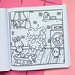 Page from Tiny Mishaps: A Chaotic Coloring Book featuring a bear covered in static cling socks while a bunny and chick react in surprise inside a laundry room. Cute animal coloring book designed for stress relief, relaxation, mindfulness, and marker-friendly coloring.
