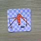 Sticker with viral Marcus the Worm design and 'OKAY' text on a  purple checkered background
