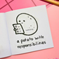 Mini coloring book with a potato holding a checklist with the text "a potato with responsibilities" on a pink surface.