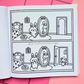 Activity page from Tiny Mishaps: A Chaotic Coloring Book featuring a bunny looking into a mirror before and after a tiny mouse appears in the doorway. Cute animal coloring book with interactive mindfulness and observation activities.