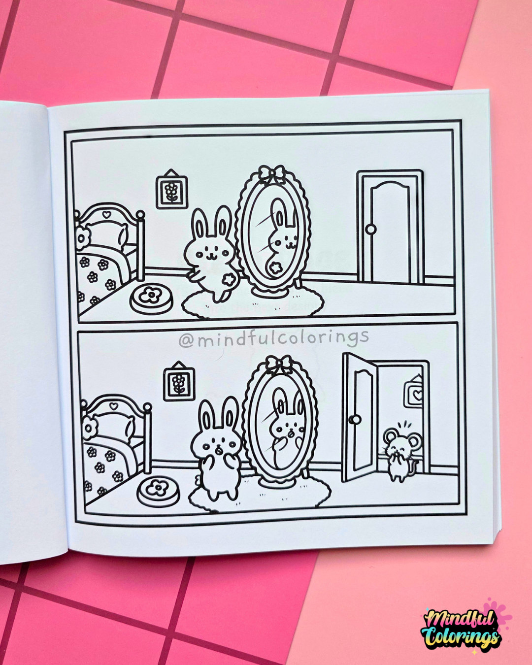 Activity page from Tiny Mishaps: A Chaotic Coloring Book featuring a bunny looking into a mirror before and after a tiny mouse appears in the doorway. Cute animal coloring book with interactive mindfulness and observation activities.