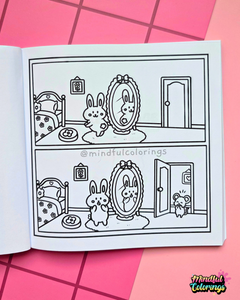 Activity page from Tiny Mishaps: A Chaotic Coloring Book featuring a bunny looking into a mirror before and after a tiny mouse appears in the doorway. Cute animal coloring book with interactive mindfulness and observation activities.
