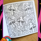 Coloring book page with mushroom and floral designs