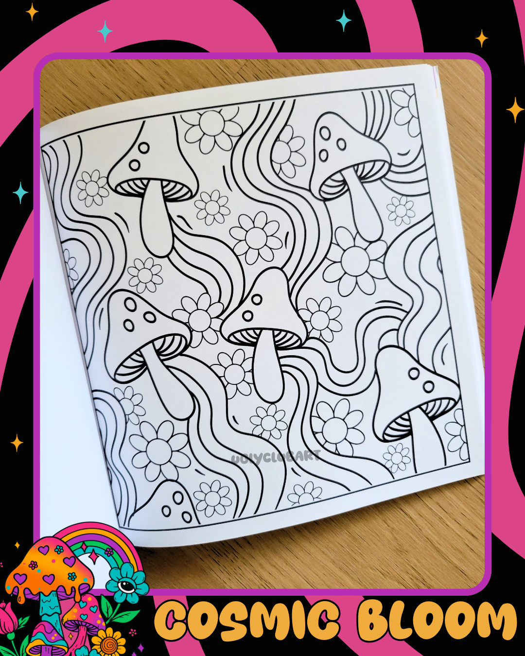 Coloring book page with mushroom and floral designs