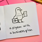 Mini coloring book page with a pigeon holding a briefcase and a piece of paper, labeled 'a pigeon with a business plan'.