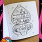 Coloring book page showing the inside of an alien house