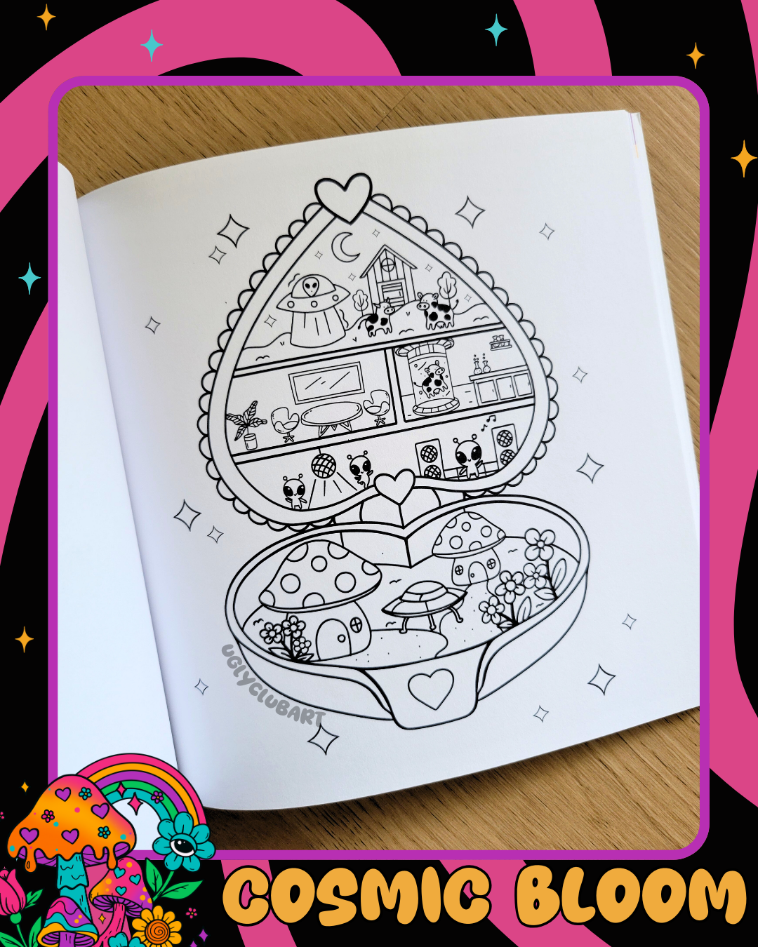 Coloring book page showing the inside of an alien house