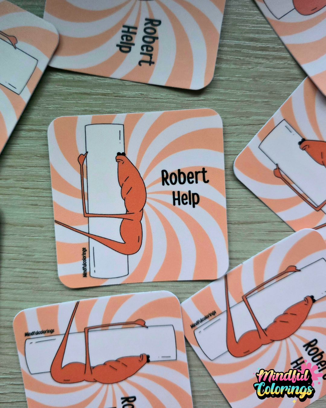 Stickers with the viral Marcus the Worm character holding onto a pole with the text "Robert Help" with a swirly orange and white background