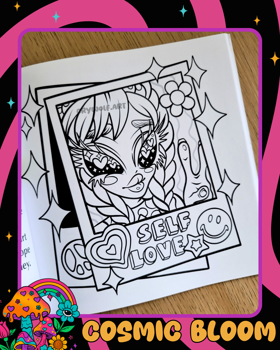 Coloring page with a alien face and 'Self Love' 