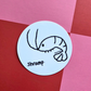 Alt Text
Round waterproof vinyl sticker featuring a simple hand-drawn shrimp illustration with the word "Shramp" on a pink background.