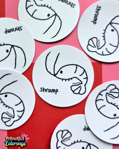 Flat lay of multiple round Shramp vinyl stickers featuring a simple hand-drawn shrimp illustration on a pink background.