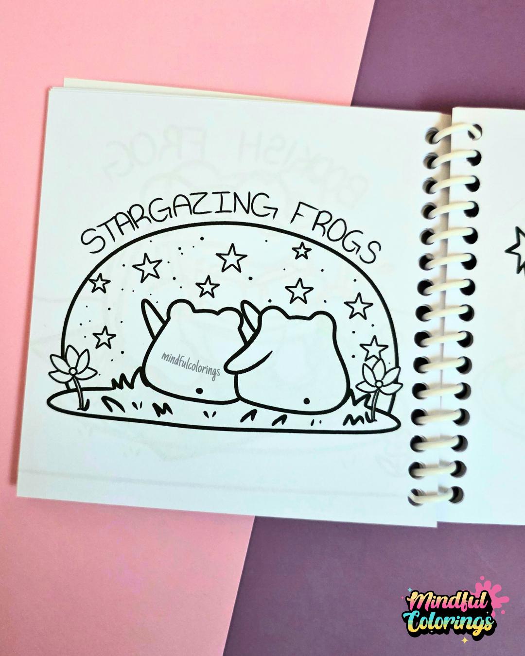 Mini frog-themed colouring book page featuring two frogs sitting together and stargazing beneath a sky full of stars.