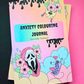 A pastel gradient anxiety colouring journal titled 'ANXIETY COLOURING JOURNAL' by Sweetly Sinister, featuring cartoon illustrations of Horror Character, flowers, clouds, and a phone on a pink and black background.