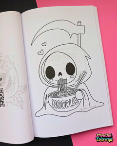 An open coloring book or manga-style print showing a black-and-white line drawing of a hooded skull Grim Reaper character eating noodles, placed on a bright pink background with a small 'Mindful Colorings' logo in the corner.