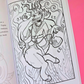 An open coloring book showing a detailed black and white line art illustration of a horned fantasy figure on a pink background.