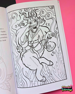 An open coloring book showing a detailed black and white line art illustration of a horned fantasy figure on a pink background.