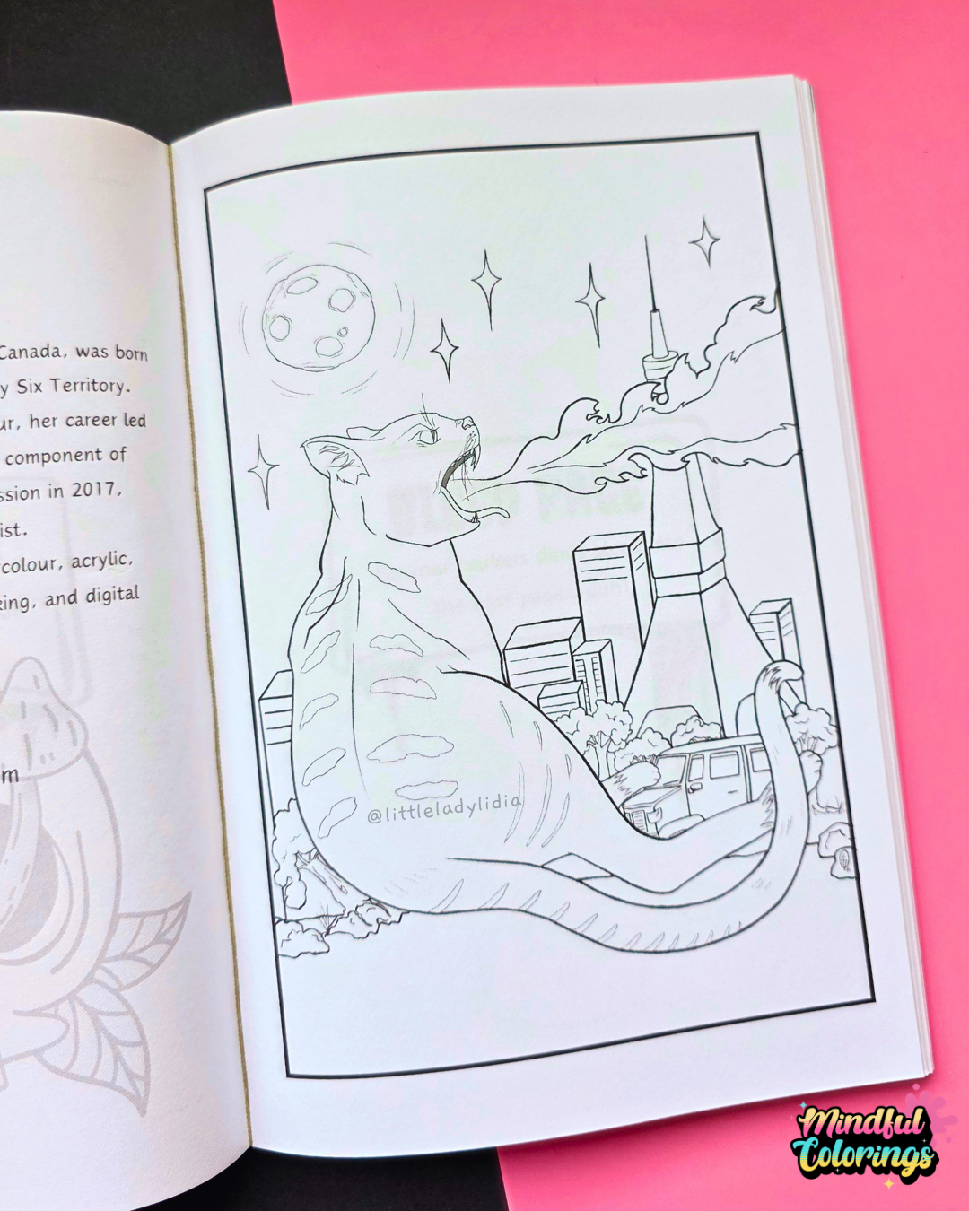 An open coloring book or art journal showing a black-and-white line drawing of a cat-shaped cityscape with stars and a moon, placed on a pink background with a black section visible on the left.