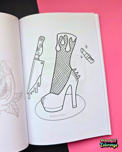 An open coloring book or art booklet showing black-and-white line art of a high-heeled boot, a knife, and lipstick on a pink and black background. A 'Mindful Colorings' logo appears in the bottom right corner.