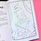 An open coloring book or art booklet showing a black-and-white line drawing of a hand with a ruffled cuff and clawed fingers, placed on a pink background with a black corner visible. A 'Mindful Colorings' logo appears in the bottom right.