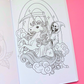 An open coloring book or art journal showing a black-and-white line drawing of a unicorn with a scythe and a hooded grim reaper, placed on a bright pink background with a small 'Mindful Colorings' logo in the corner.