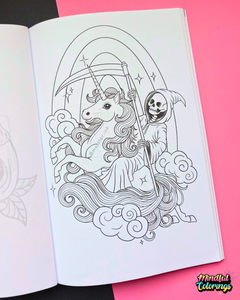 An open coloring book or art journal showing a black-and-white line drawing of a unicorn with a scythe and a hooded grim reaper, placed on a bright pink background with a small 'Mindful Colorings' logo in the corner.