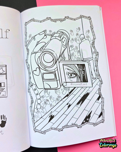 An open coloring book or activity booklet showing a black-and-white illustrated page with a camera, a phone screen with Blair Witch Movies background, placed on a bright pink background.