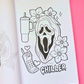 An open coloring book or art journal page featuring a black-and-white Ghostface Horror themed illustration with flowers, a tumbler, a phone, hearts, and the word 'CHILLER.' The page is photographed on a bright pink background with a small 'Mental Colorings' logo in the bottom right corner.