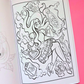 An open coloring book showing a black-and-white illustrated page with a Spooky Y2K  character and decorative elements, photographed against a bright pink background.