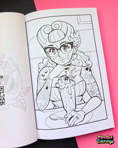 An open coloring book showing a black-and-white illustrated page with a retro-style woman spooky, holding a milkshake, placed on a pink and black background. A 'Mindful Colorings' logo appears in the bottom right corner.