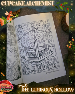 Open colouring journal displaying a whimsical tarot-inspired illustration titled "Two of Cups," featuring two bugs sharing tea inside a decorative gazebo surrounded by stars, moons, flowers, and magical details, featured inside The Luminous Hollow Anxiety Colouring Journal.