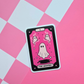 Pink tarot-inspired vinyl sticker titled The Ghosties featuring three cute ghosts surrounded by stars and spooky celestial details.