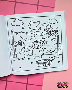 Page from Tiny Mishaps: A Chaotic Coloring Book featuring a bear and bunny watching laundry blow away from a clothesline on a windy day. Cute animal coloring book designed for stress relief, relaxation, mindfulness, and marker-friendly coloring.