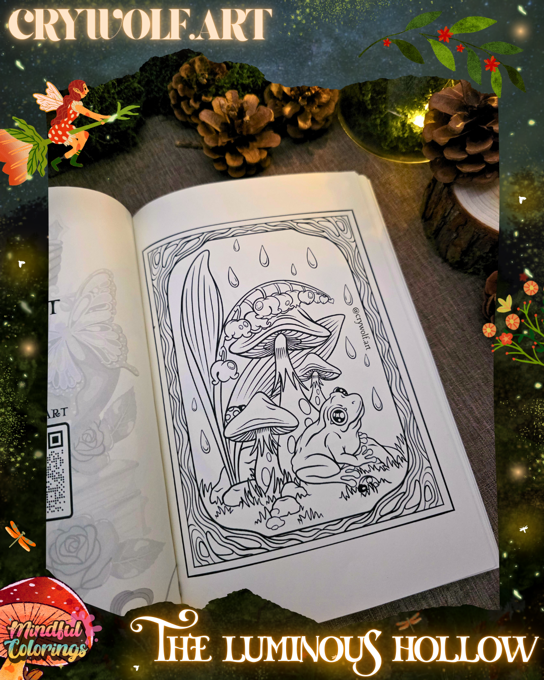 Open colouring journal displaying a whimsical woodland illustration of a frog sitting beneath oversized mushrooms while raindrops fall around the scene, featured inside The Luminous Hollow Anxiety Colouring Journal.