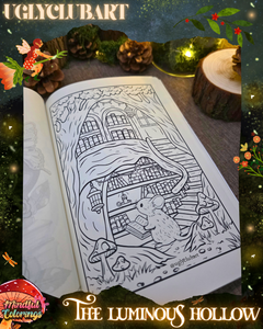 Open colouring journal displaying a cozy fantasy illustration of a mouse reading inside a tree hollow library surrounded by bookshelves, mushrooms, and woodland details, featured inside The Luminous Hollow Anxiety Colouring Journal.