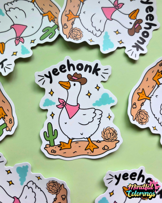 Collection of waterproof vinyl Yeehonk Goose stickers featuring a goose wearing a cowboy hat and pink bandana on a soft green background.