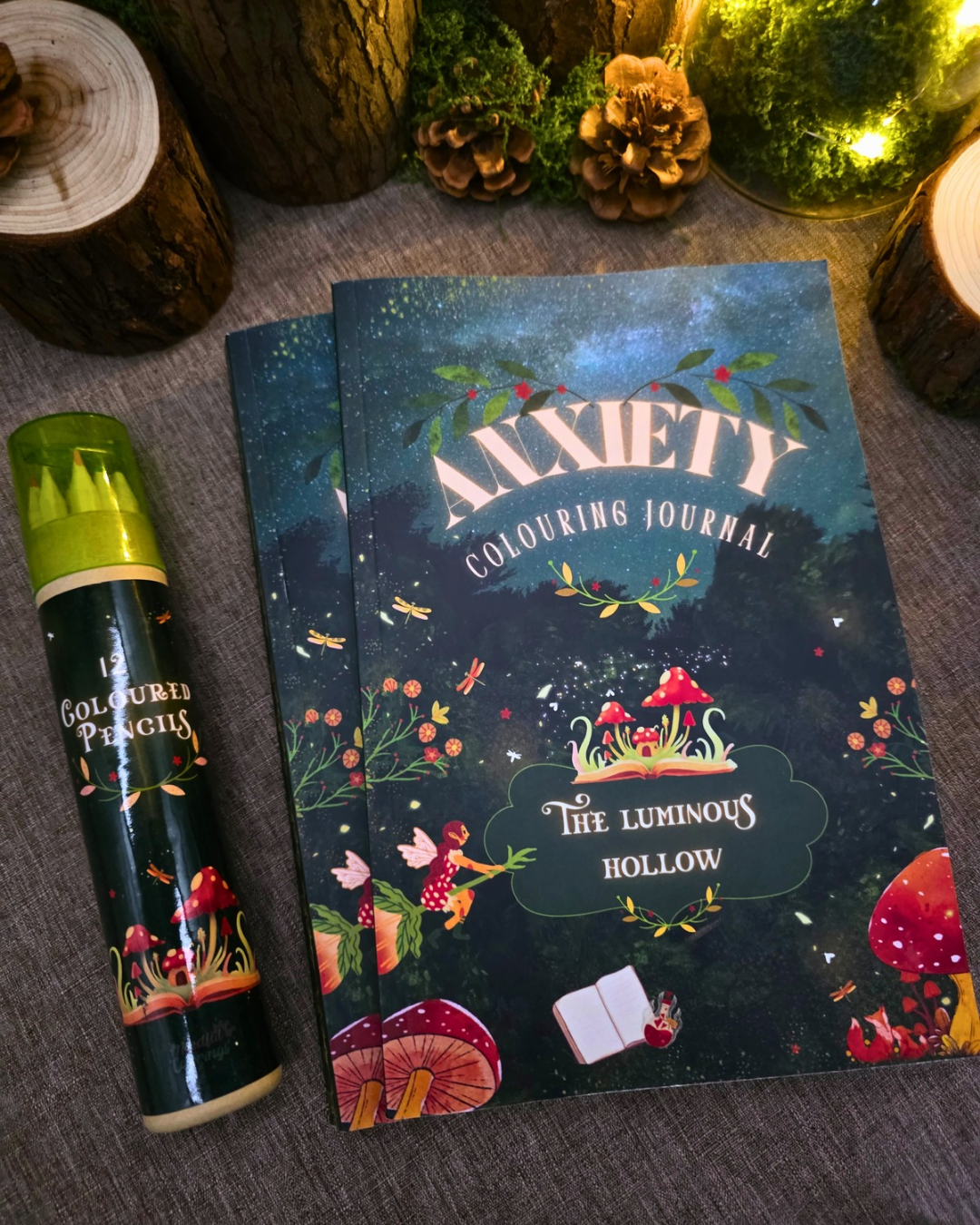 an Anxiety Colouring Journal book with a mushroom fairy forest theme