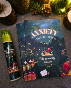 an Anxiety Colouring Journal book with a mushroom fairy forest theme