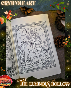 Open colouring journal displaying a fantasy illustration of a centaur and unicorn beneath a moon and stars, featured inside The Luminous Hollow Anxiety Colouring Journal.